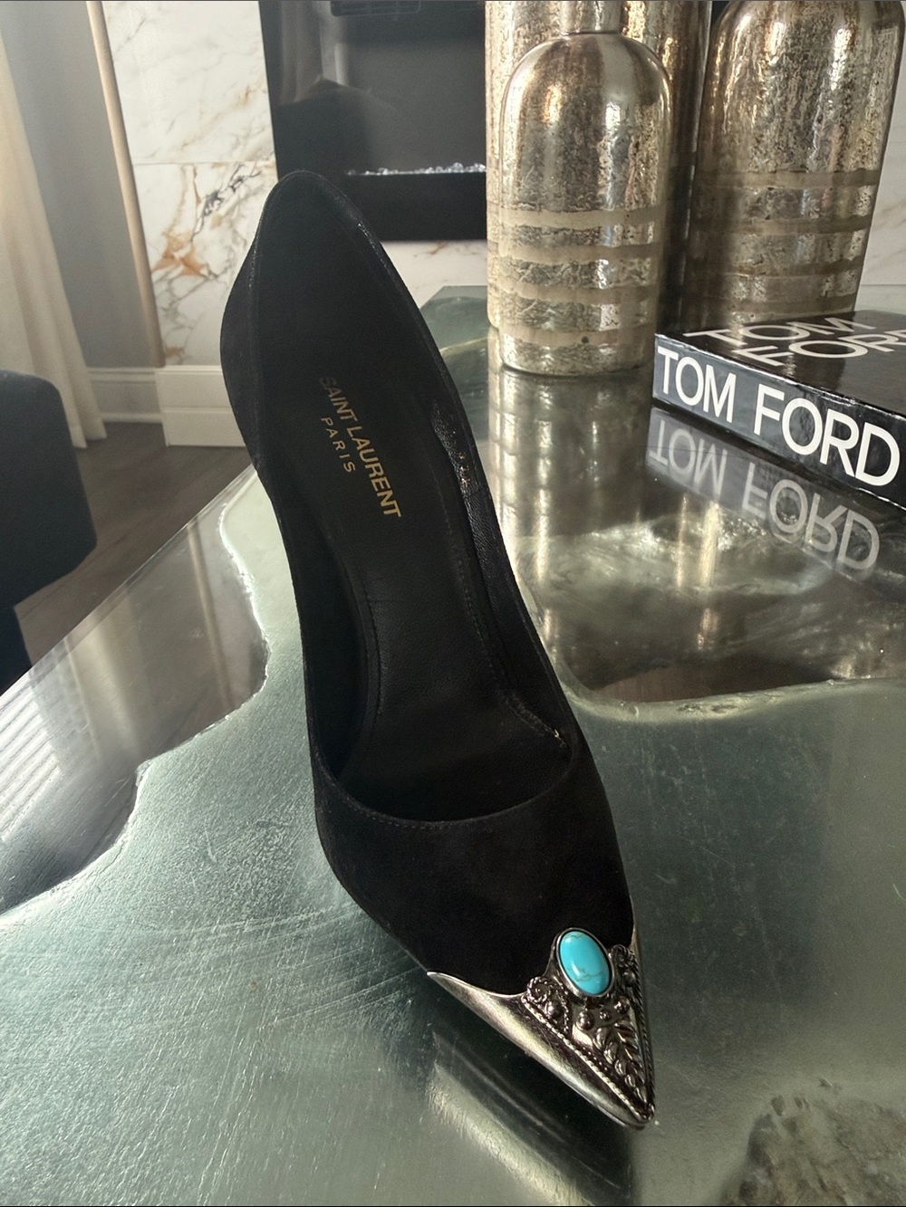Saint Laurent Black Cashmere Pointed Toe Pump with Turquoise Accent Stone - Picture 4 of 12